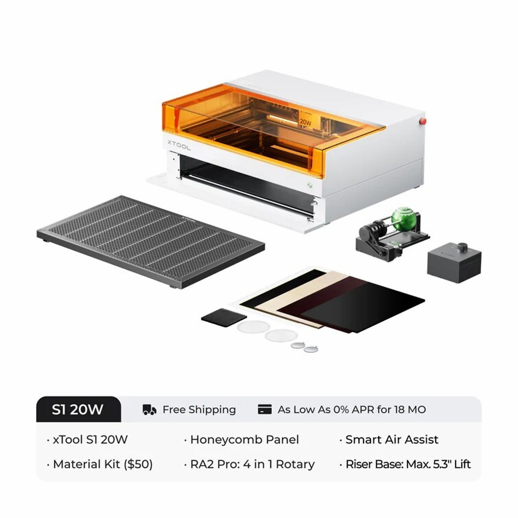 xTool, Laser Cutter and Engraver, 20w, 600mm/s, Working Width 25.98 in, Working Length 33.86 in, Laser Power 20 W, Model# xTool S1 20W Rotary Bundle